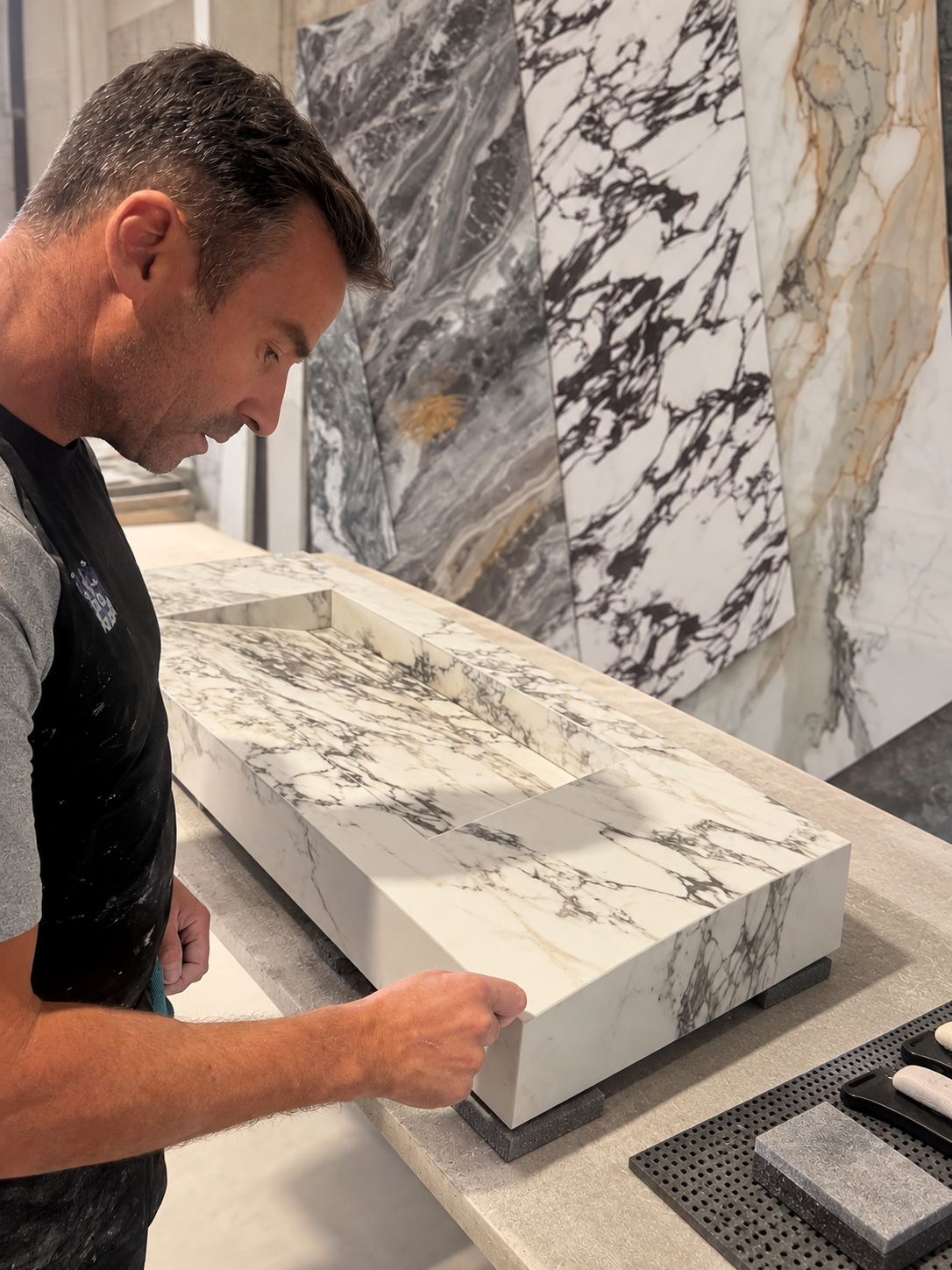 Craftsman inspecting a bespoke Calacatta Viola marble trough basin in the stone studio